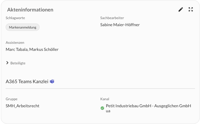 Aus Actaport: Akteninformationen mit Hinweis zur Verknüpfung der Akte mit einem Kanal in Microsoft Teams