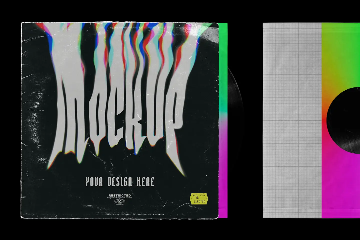Vinyl record mockup with distorted album artwork preview and visible record sleeve
