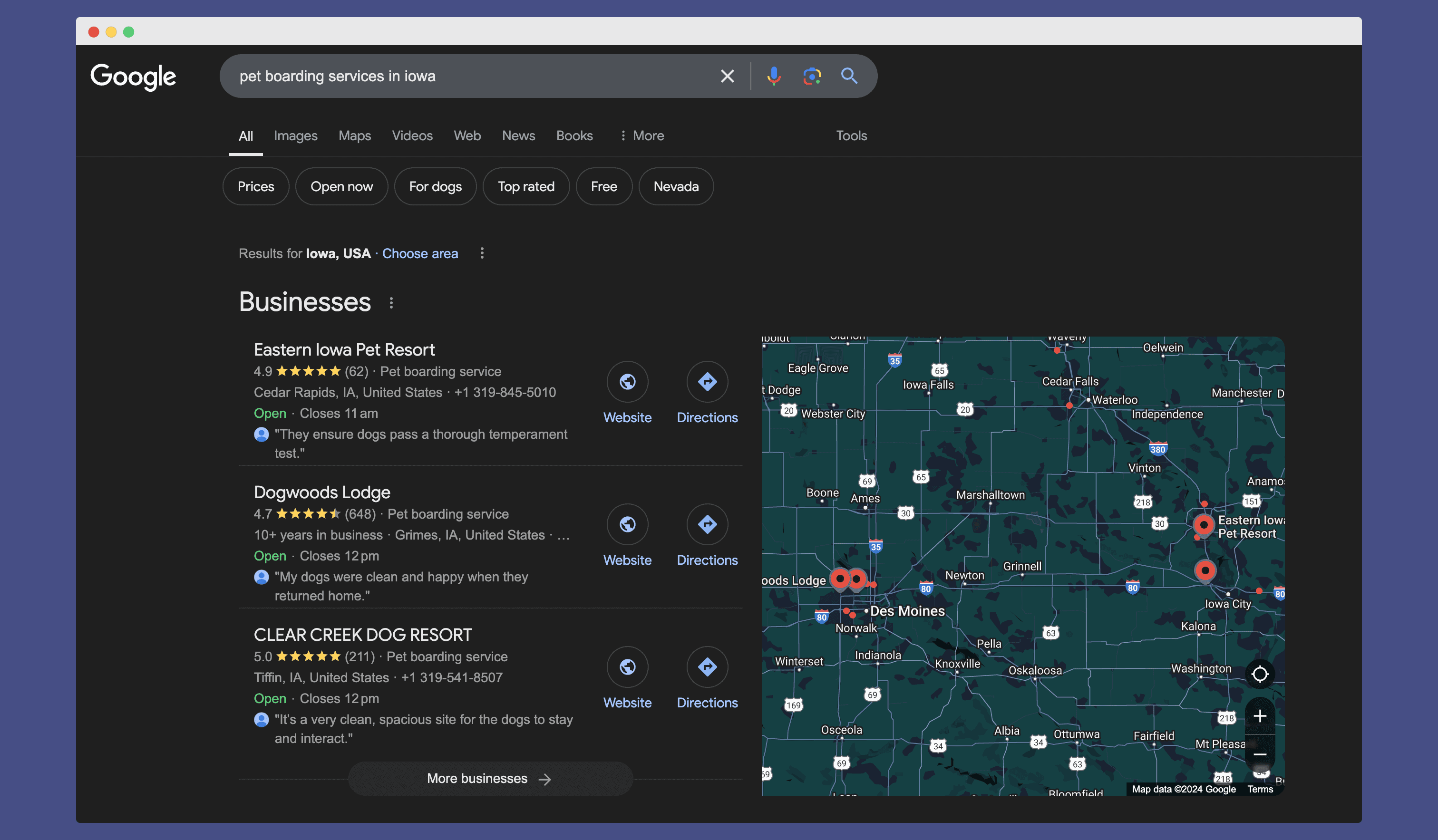 (examples of Google My Business profiles for pet boarding services in Iowa)