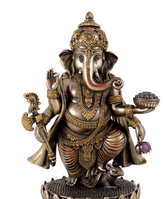 A bronze statue of Lord Ganesha, seated, with multiple arms and symbols of prosperity and wisdom.