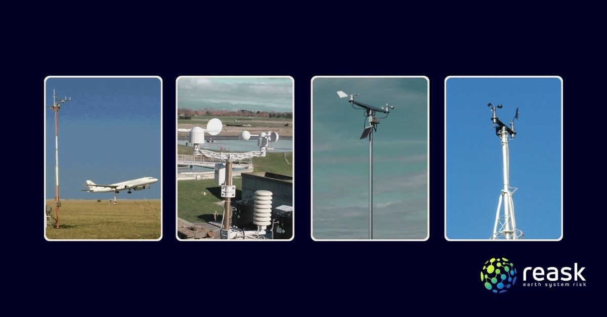 Four different anemometer types and mounting configurations — illustrating the inconsistency in calibration, exposure, and placement that makes physical wind sensors unreliable as parametric insurance triggers.