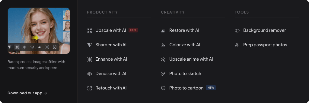 VanceAI Image tools mega menu 展开状态