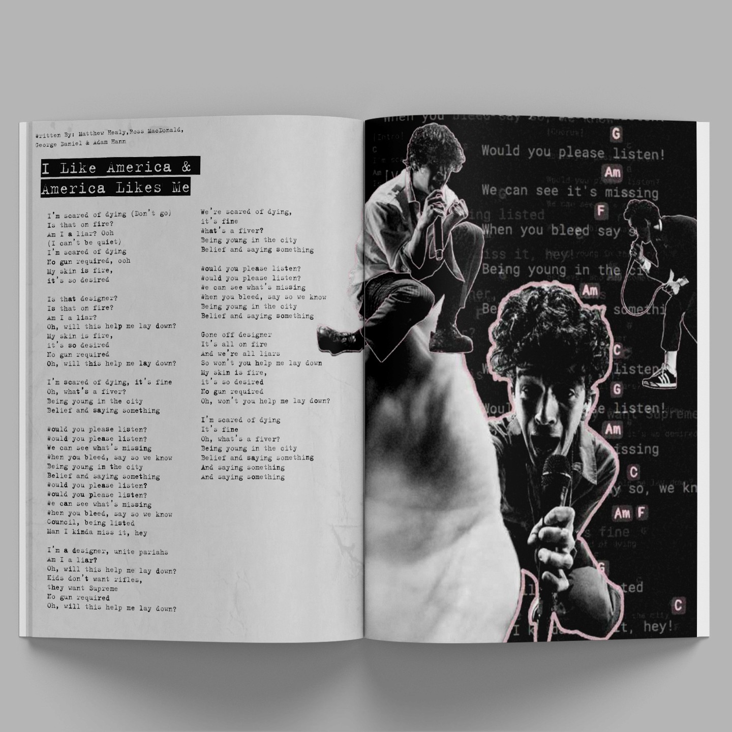 magazine with black and pink design laying on grey background