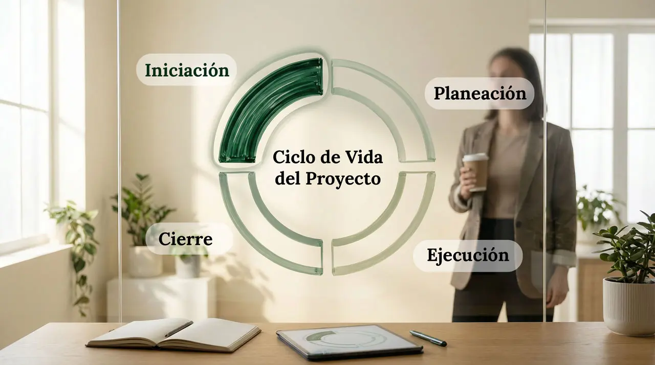 Diagrama conceptual del ciclo de vida de un proyecto resaltando la fase de iniciación en una pared de cristal, con un estratega de UX revisando la estructura al fondo.