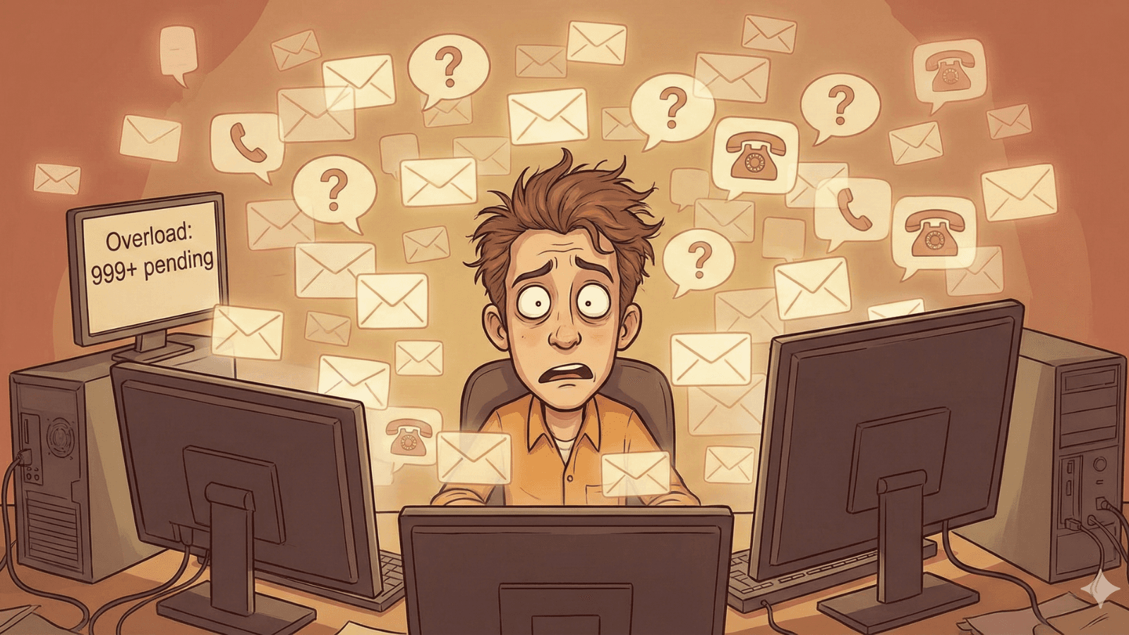 A stressed office worker sits between two computer monitors with a terrified expression, surrounded by floating icons of emails, phone calls, and question marks. One screen reads “Overload: 999+ pending,” illustrating overwhelming customer support or message backlog.