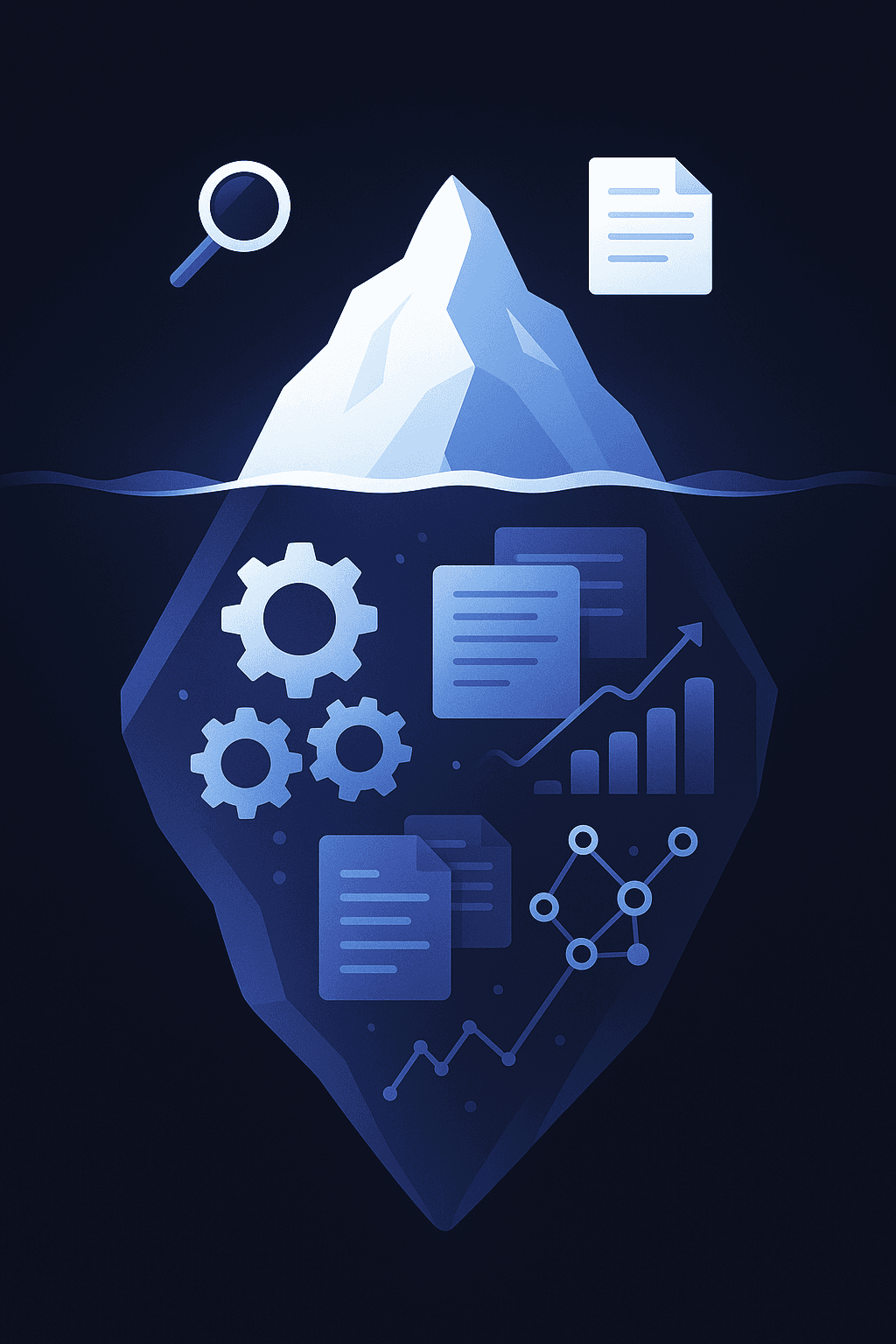 Iceberg illustration contrasting surface AI tools with extensive deep research beneath the waterline