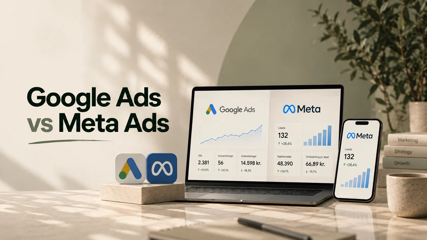 Alttext: Google Ads vs. Meta Ads – sammenligning af annoncering på Google, Facebook og Instagram