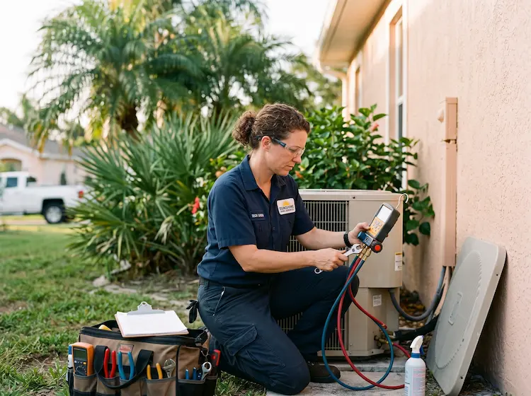 An HVAC technician servicing an outdoor AC unit at a Bradenton home.