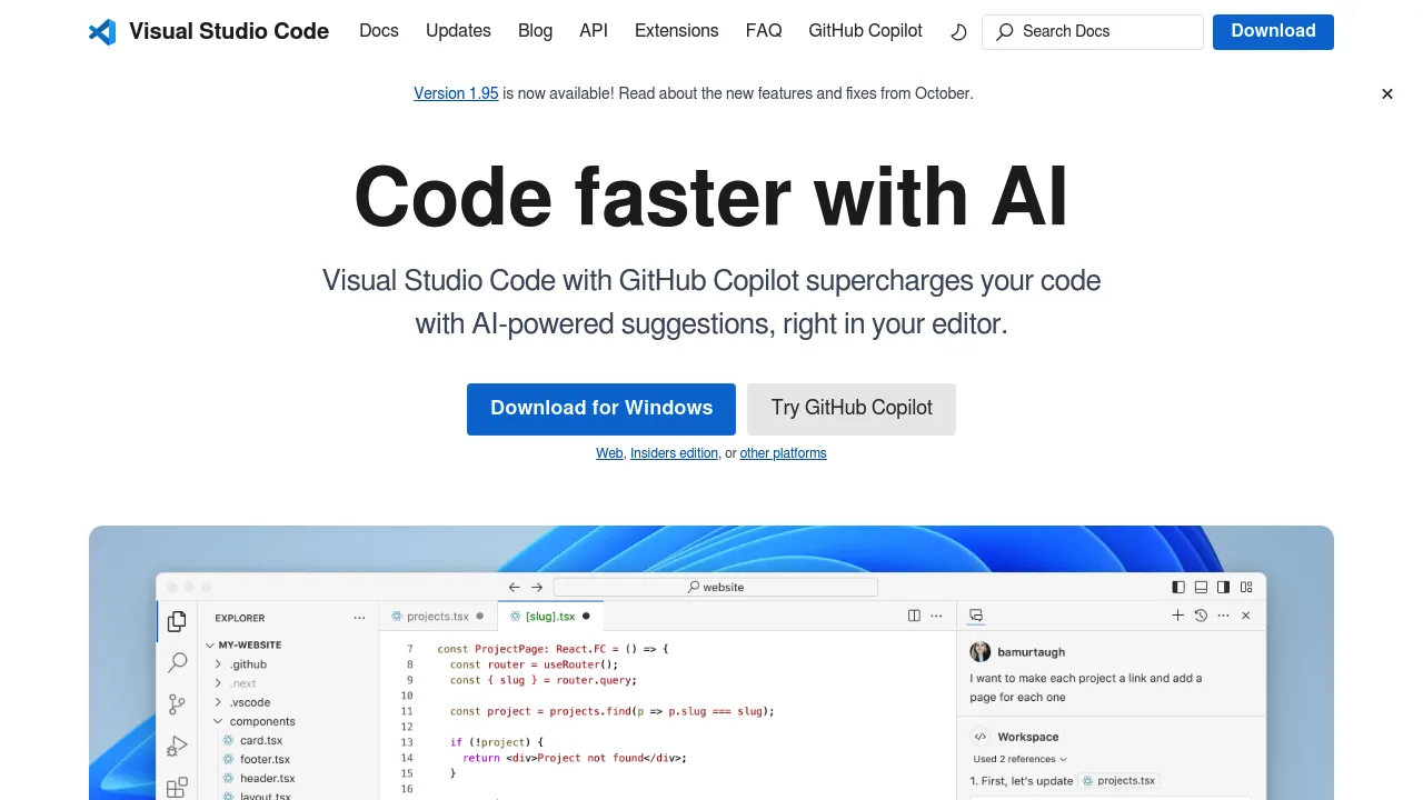 Screenshot of the Visual Studio Code website showcasing the editor's features and extensions