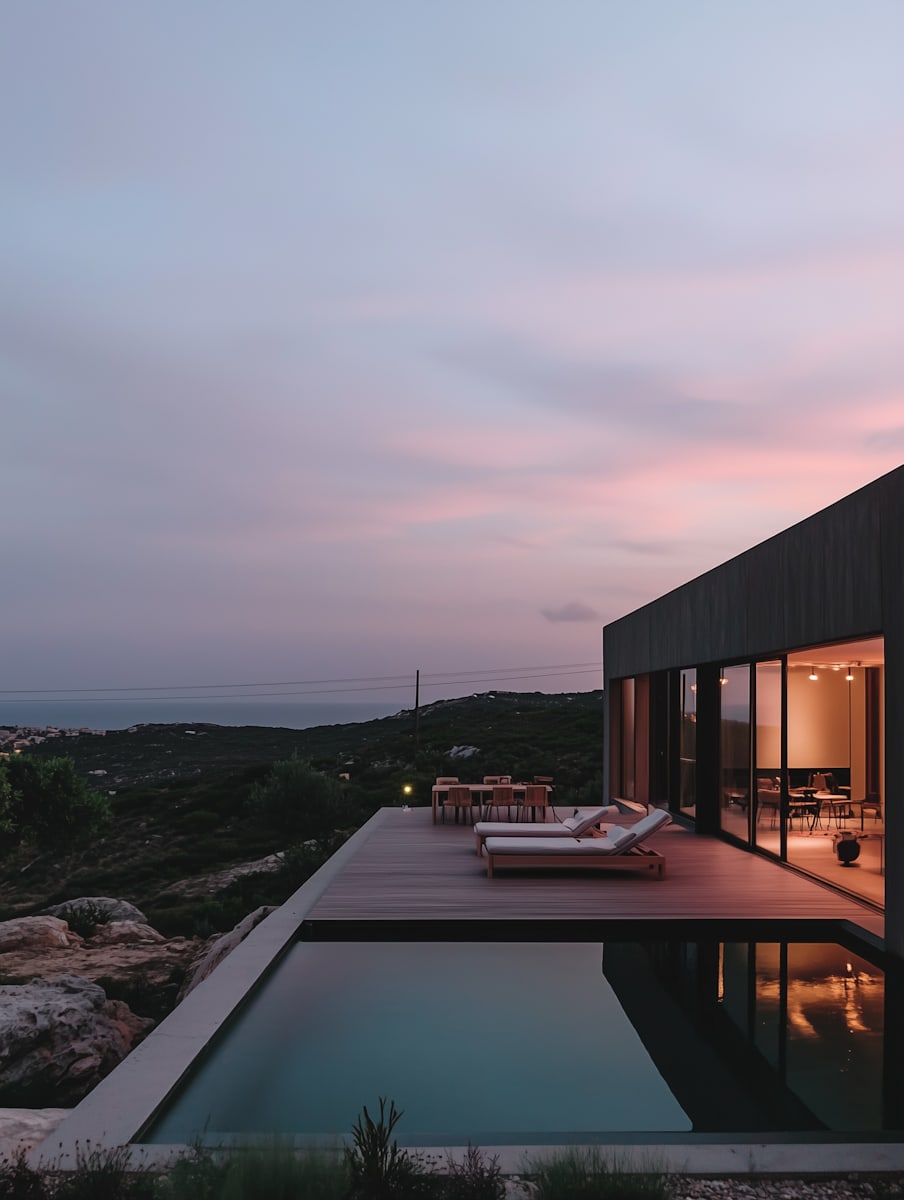 Modern luxury home with infinity pool, wooden deck, and stunning twilight views over rugged hills. Perfect blend of style and serenity.