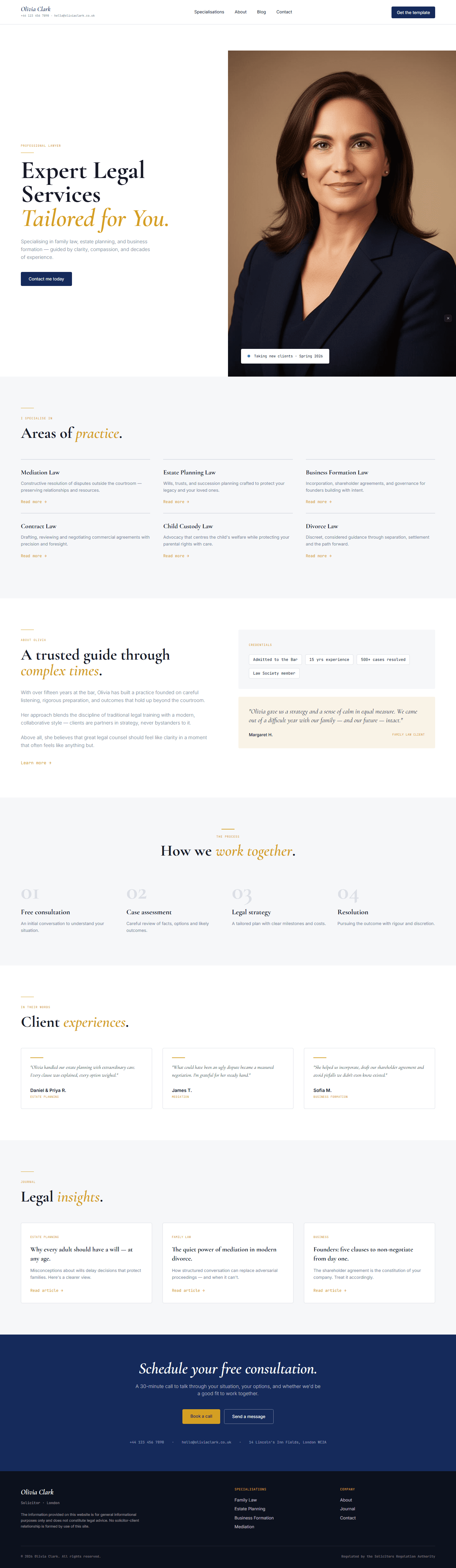 Lawyer website prompt full preview — clean white background with deep navy and warm gold accents, Cormorant Garamond 700 split hero headline on left with professional portrait and floating "taking new clients" availability card on right, animated 40px gold horizontal rule before section headings, six-card practice area grid with gold hover borders, and navy full-width CTA banner with italic serif white headline