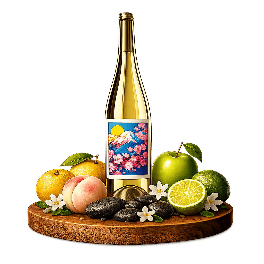 Artistic label and flavor profile for Japanese Koshu on a rustic wooden table.