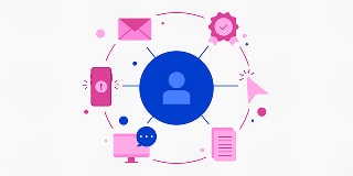 Illustration of a person icon surrounded by floating icons like an envelope, documents, computer, phone, and cursor.