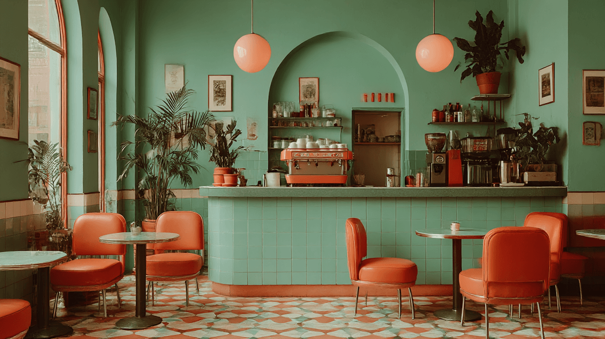 Aesthetic cafe with green and orange interiors
