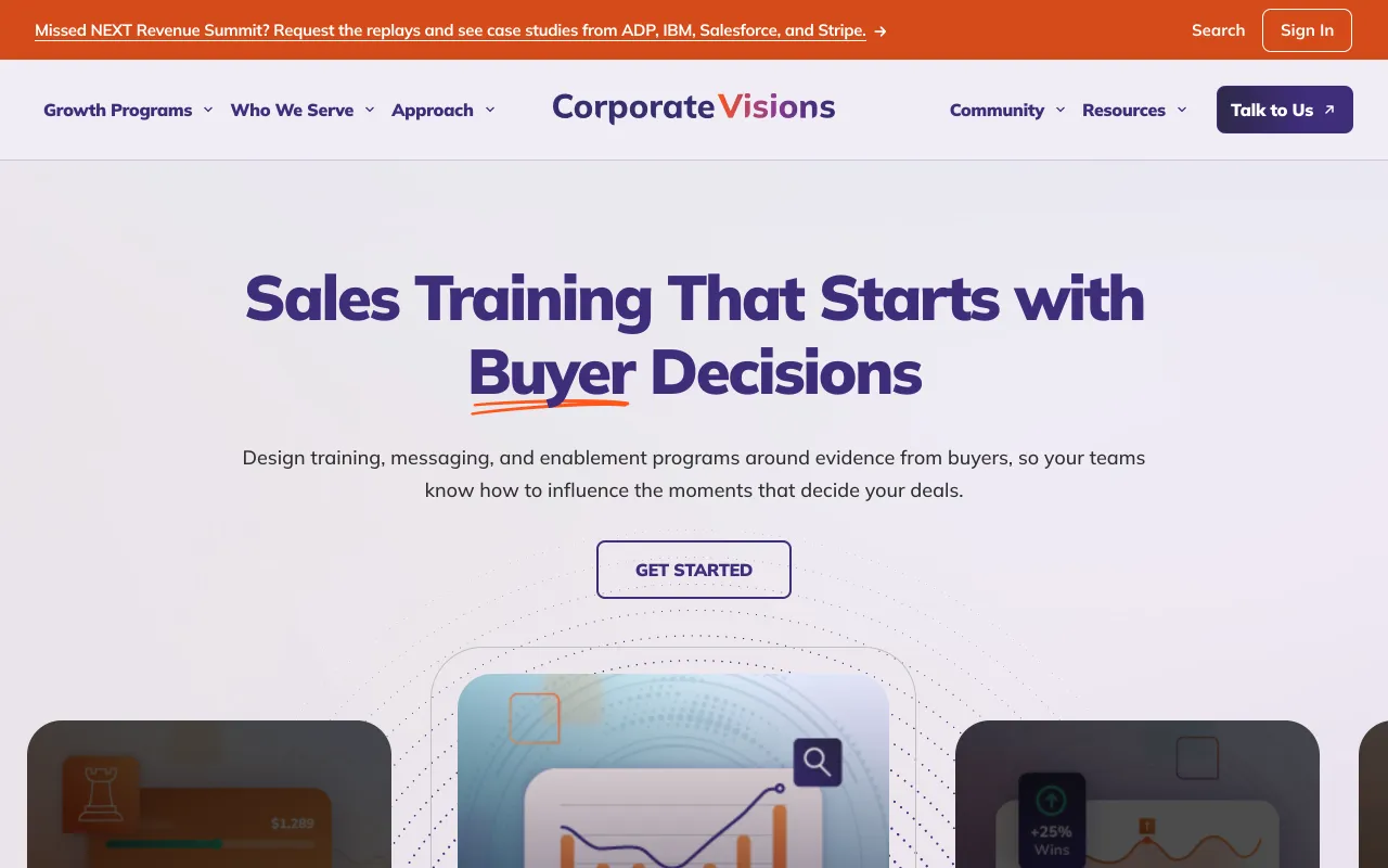 Corporate Visions homepage, evidence-based sales messaging and training