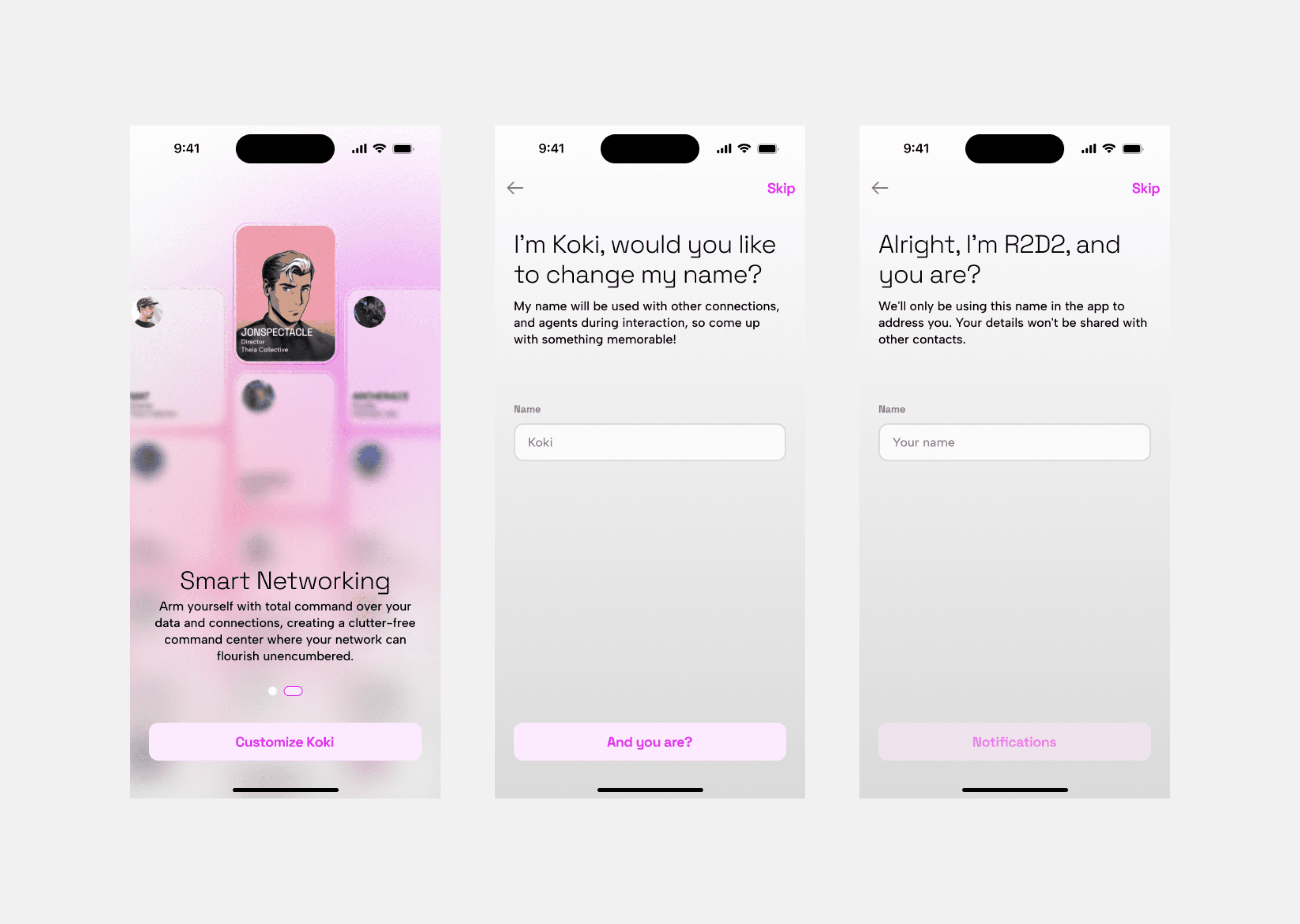 Onboarding screens for Koki
