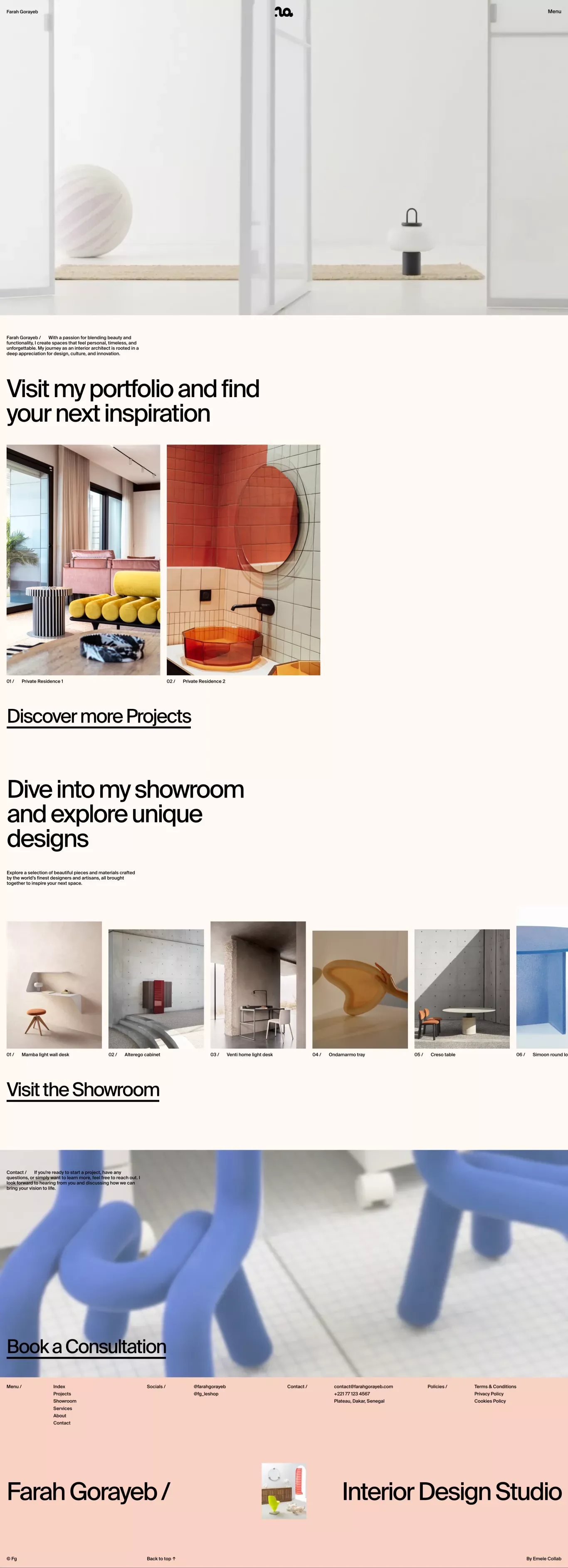 Farah Gorayeb portfolio page screenshot showcasing Design and Furniture & Interiors design