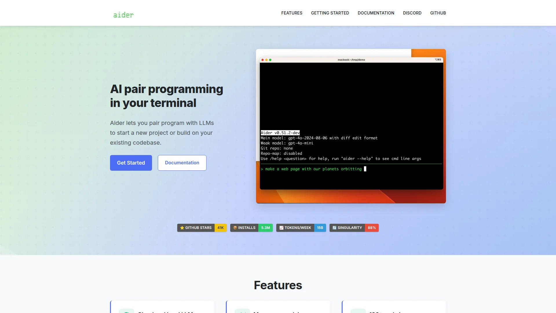 Aider homepage showing its terminal-based AI pair programming interface