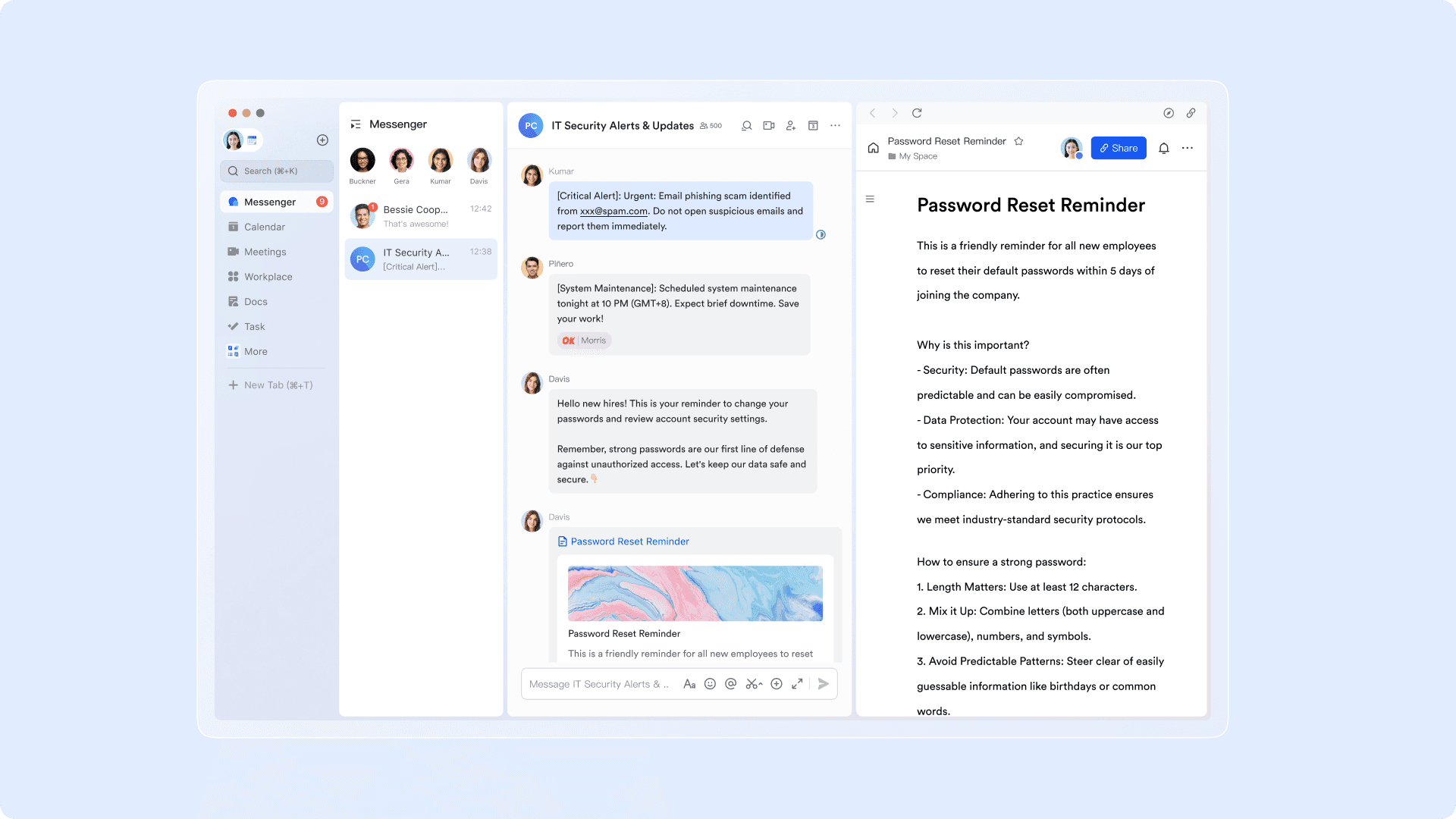 Lark company-wide announcements via chat