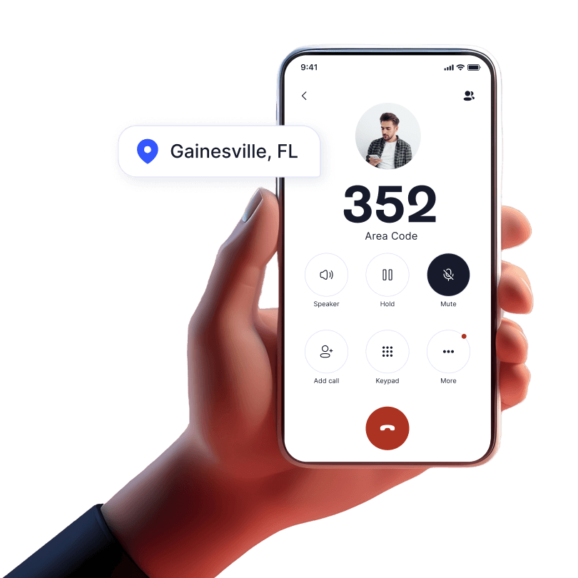 Hand holding mobile device with incoming call from 352 area code using LinkedPhone 2nd phone number mobile app