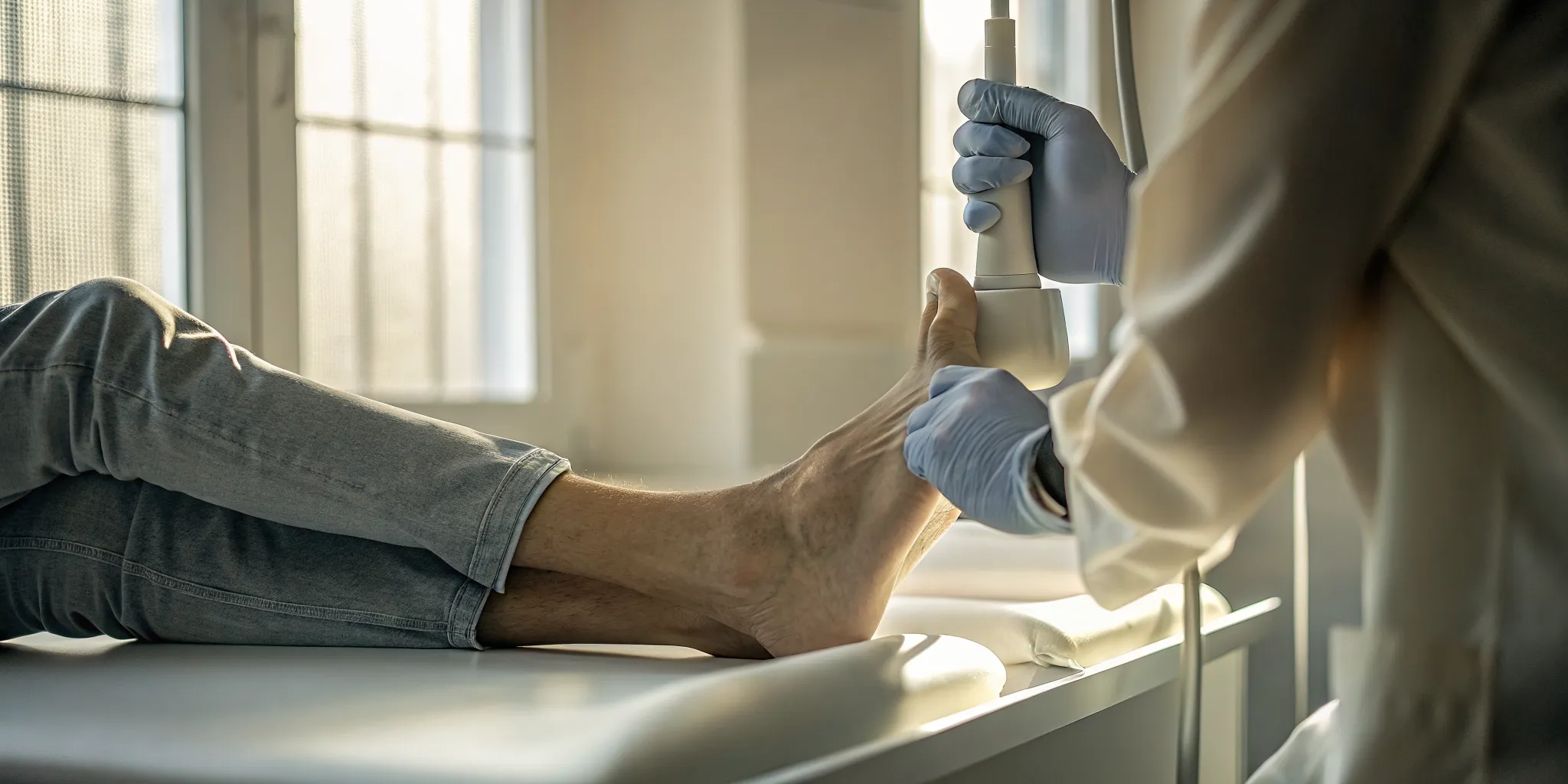 A doctor examines a patient's ankle for Achilles rupture treatment.