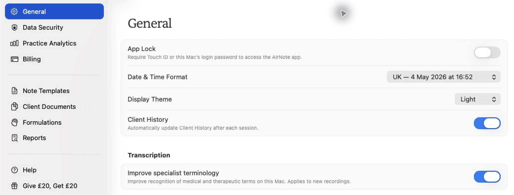 General settings with the Transcription section and Improve specialist terminology switched on.