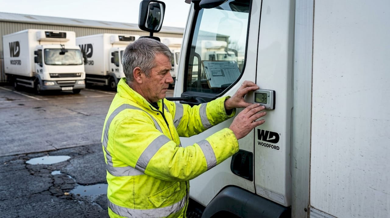 Driver checking refrigerated truck temperature