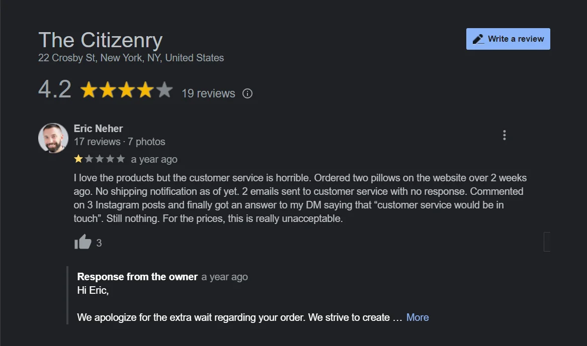 Negative review response examples related to shipping