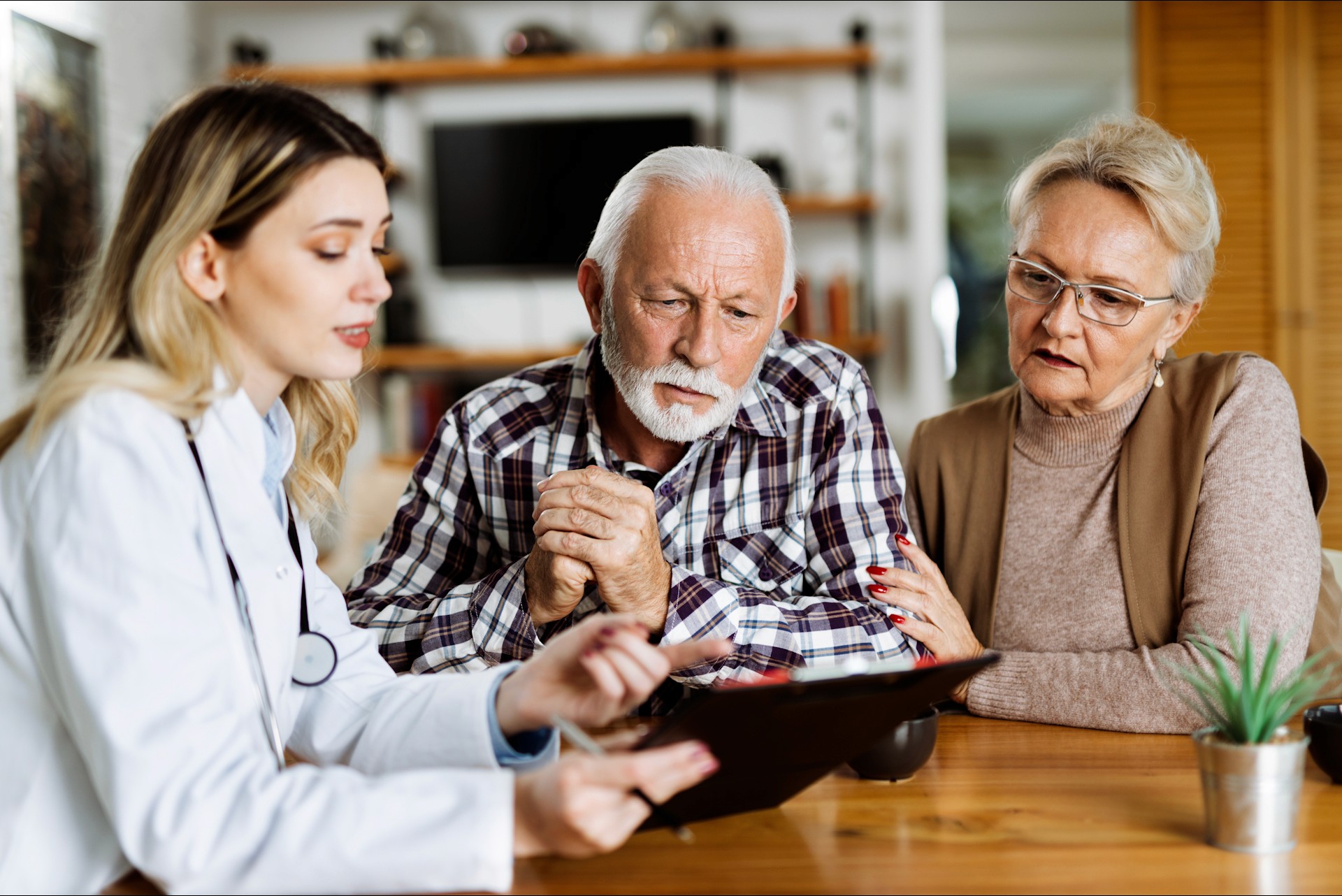 A+P House Calls provider reviewing medical information with an elderly patient and family member at home on Long Island