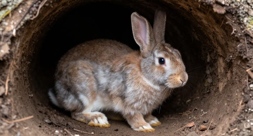 Rabbit sitting in the entrance to his hovel