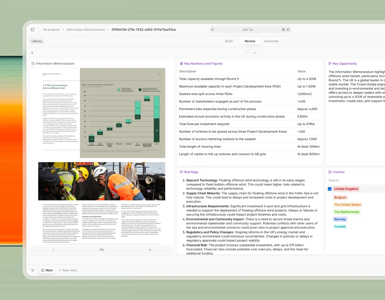 A screenshot of a digital workspace displaying an information memorandum with charts, tables, and highlighted key insights and risks, emphasizing data review and analysis.