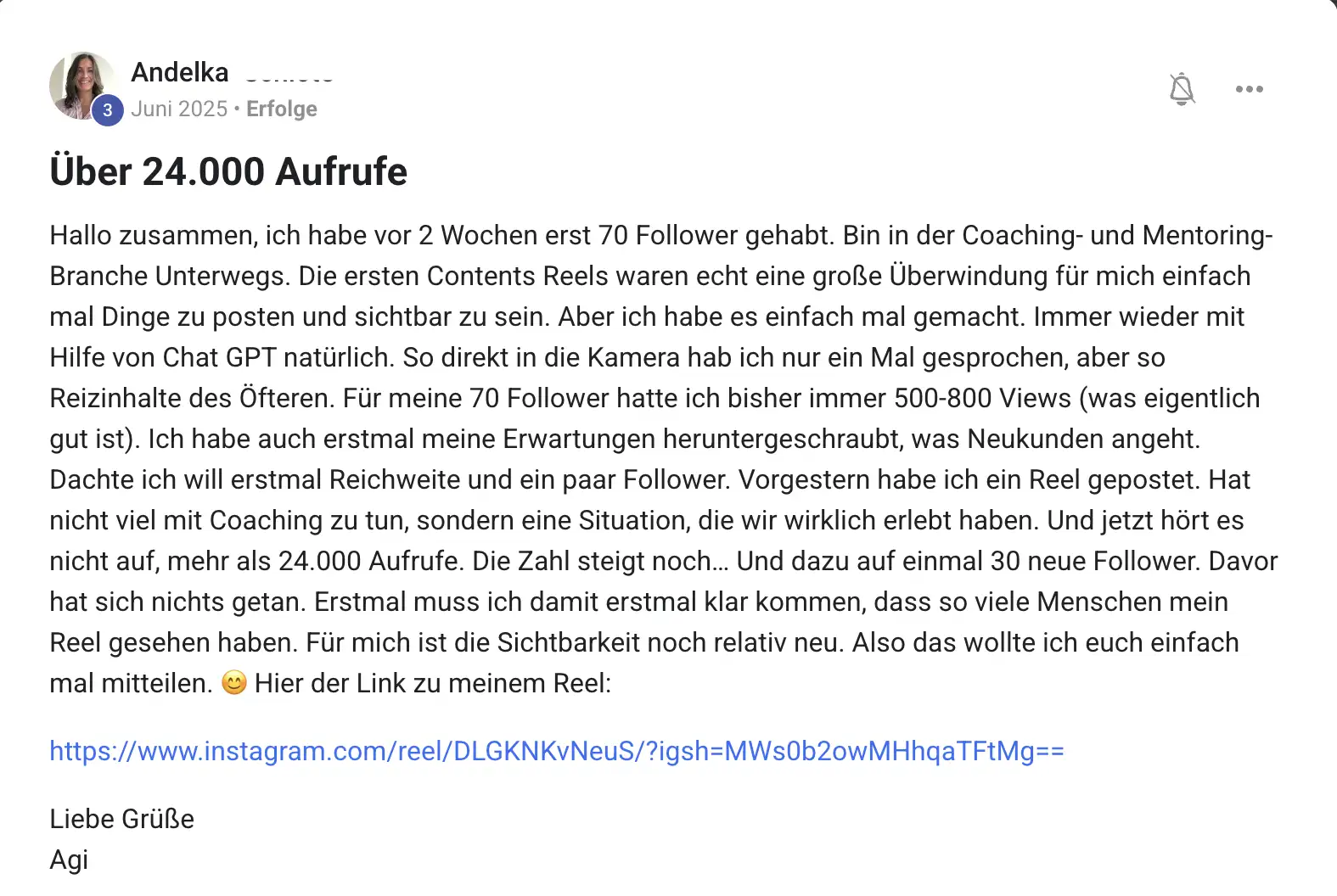 Kundenstimme KI Creator Akademie: Coachin Andelka erzielt über 24.000 Aufrufe und neue Follower