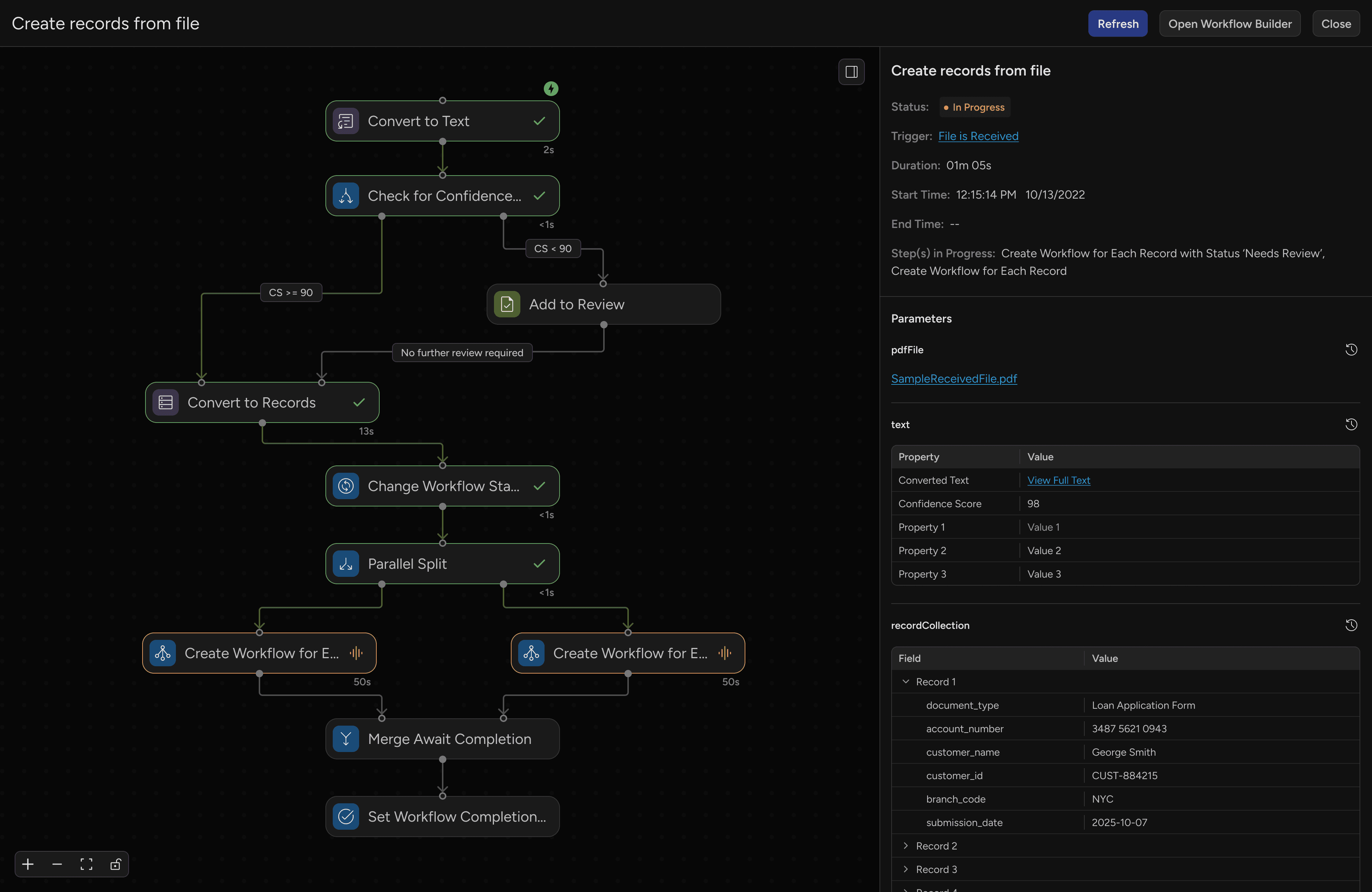 Workflow builder interface for automating record creation with manual review and conditional steps