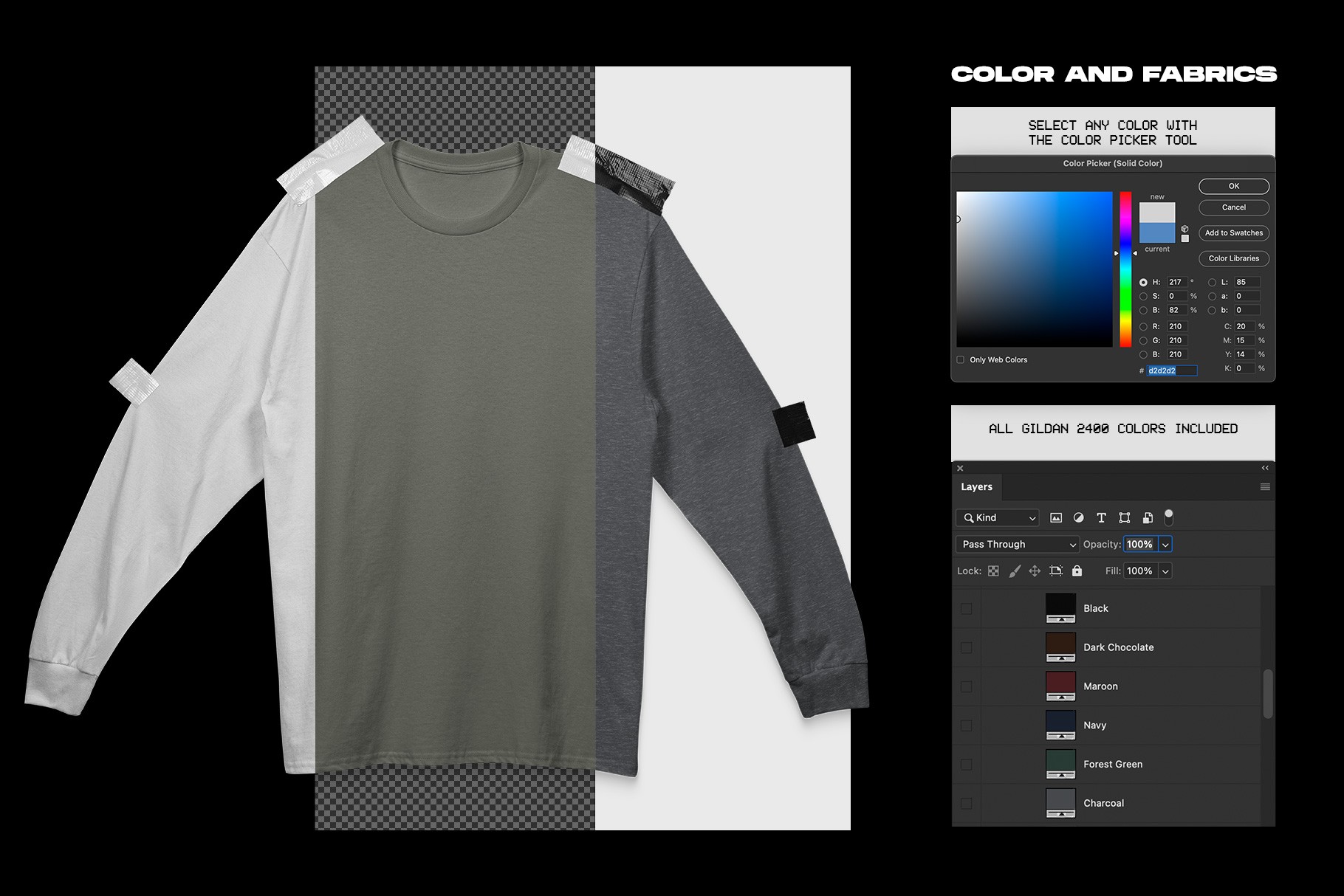 Gildan 2400 long sleeve taped mockup fabric color options with Photoshop controls