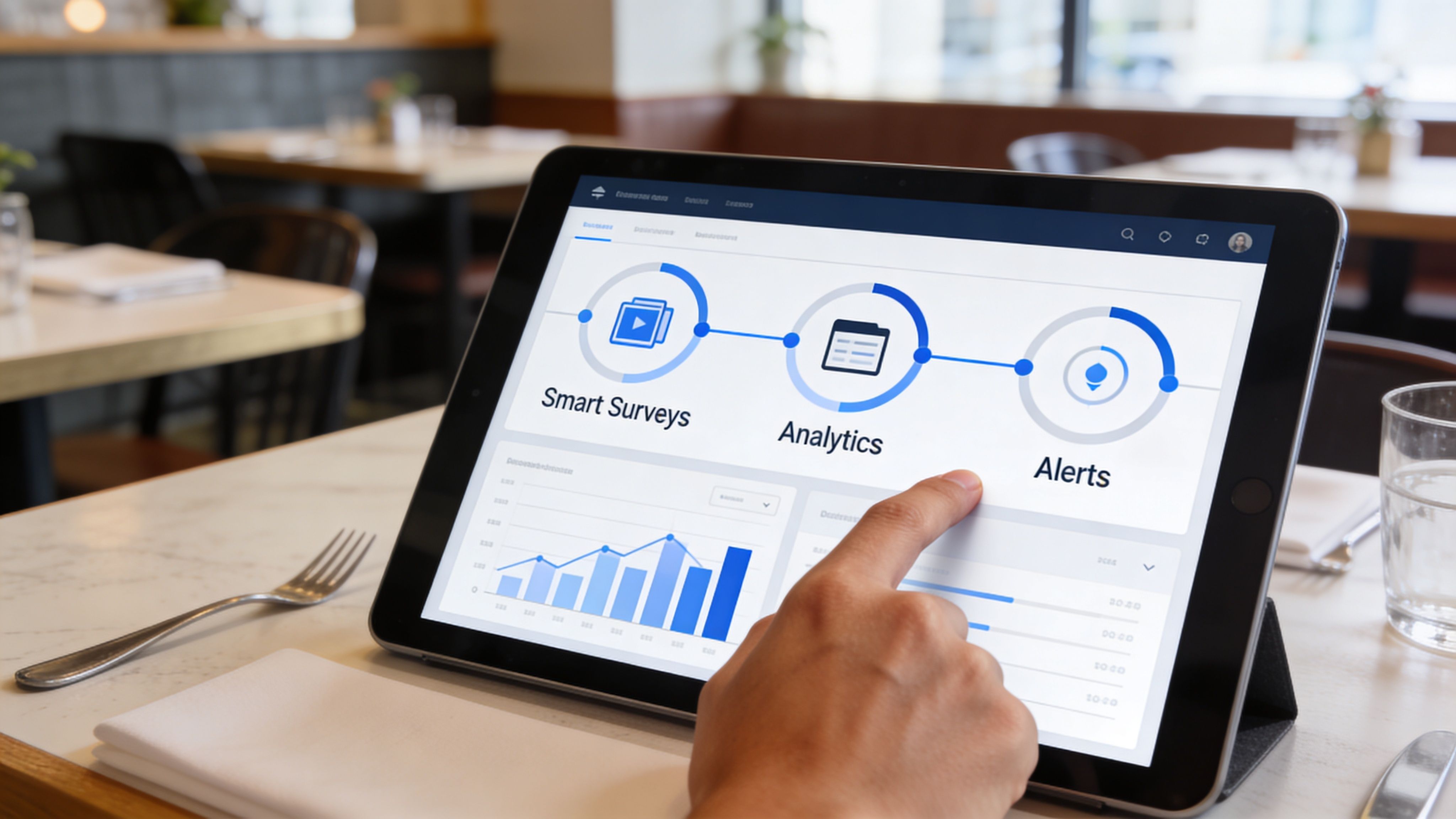 A person uses a tablet to interact with an automatic restaurant feedback system displaying analytics and surveys.