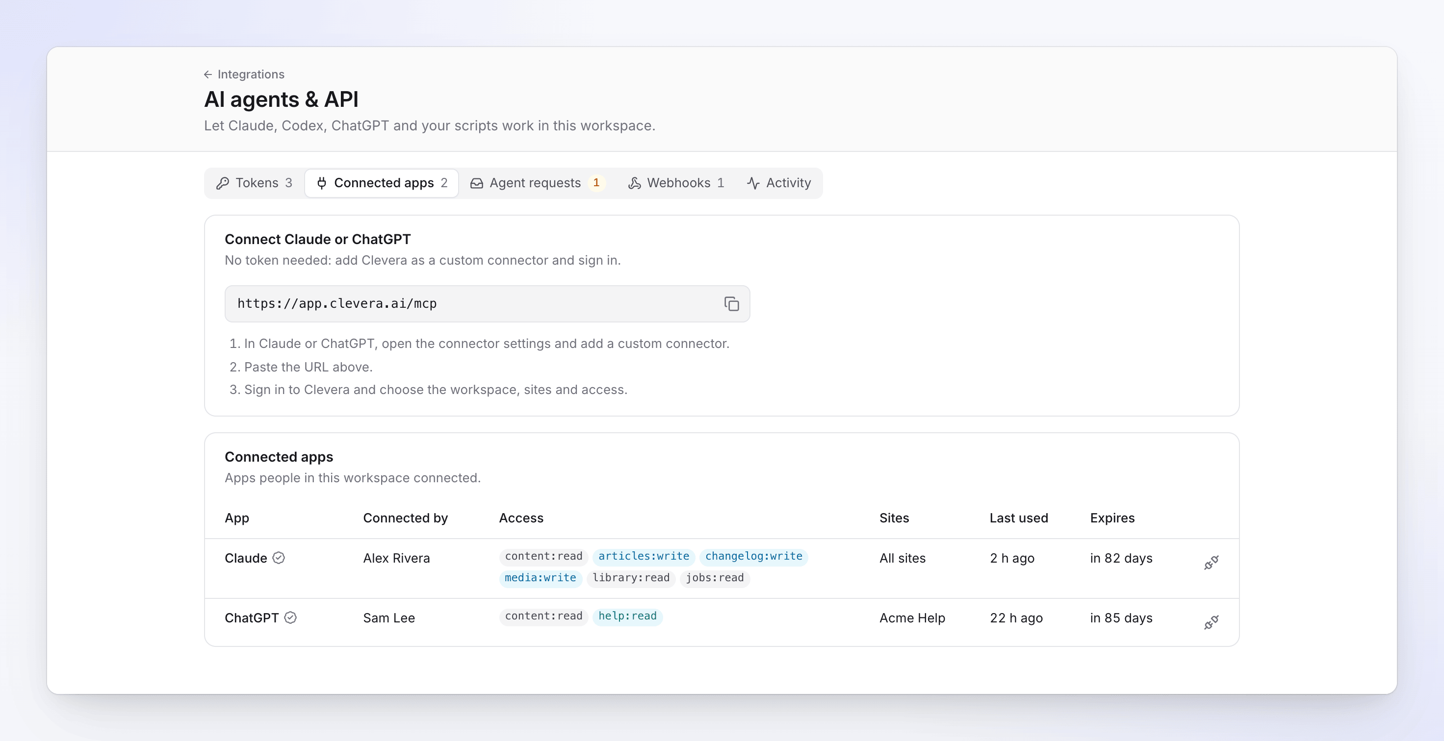 Clevera's AI agents & API page, Connected apps tab, showing the connector URL and setup steps (example data)
