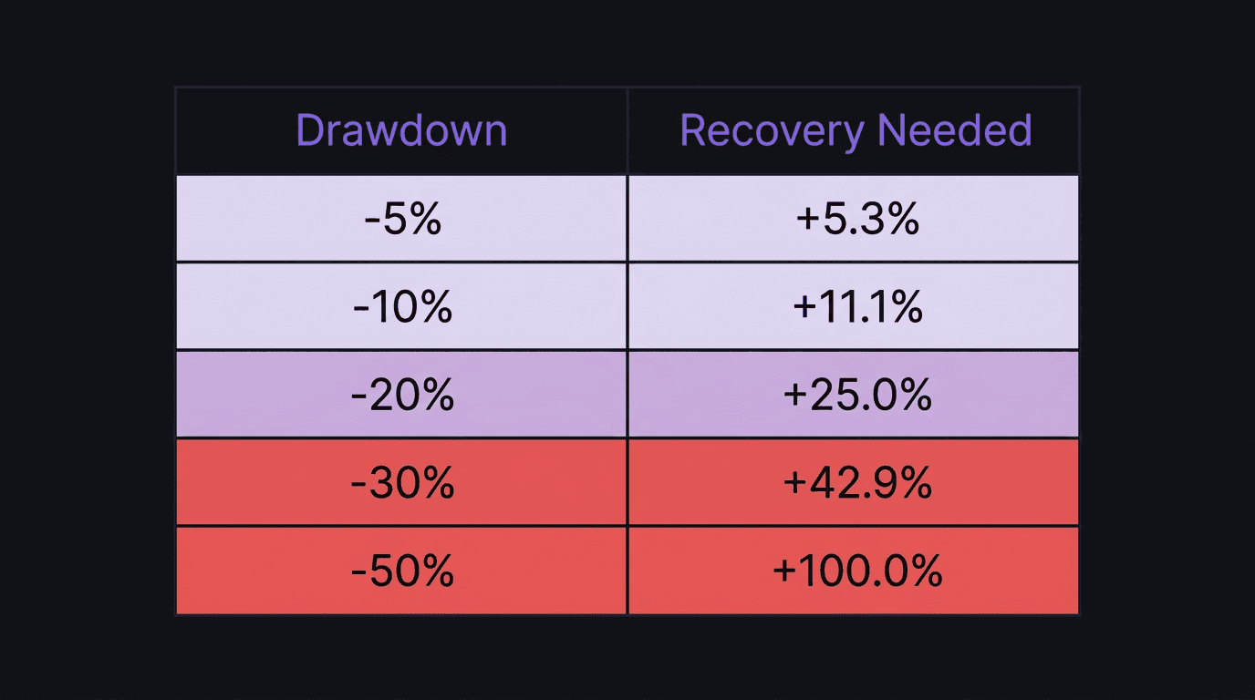 Chart showing recovery percentage needed for different drawdown levels from 5 percent to 50 percent