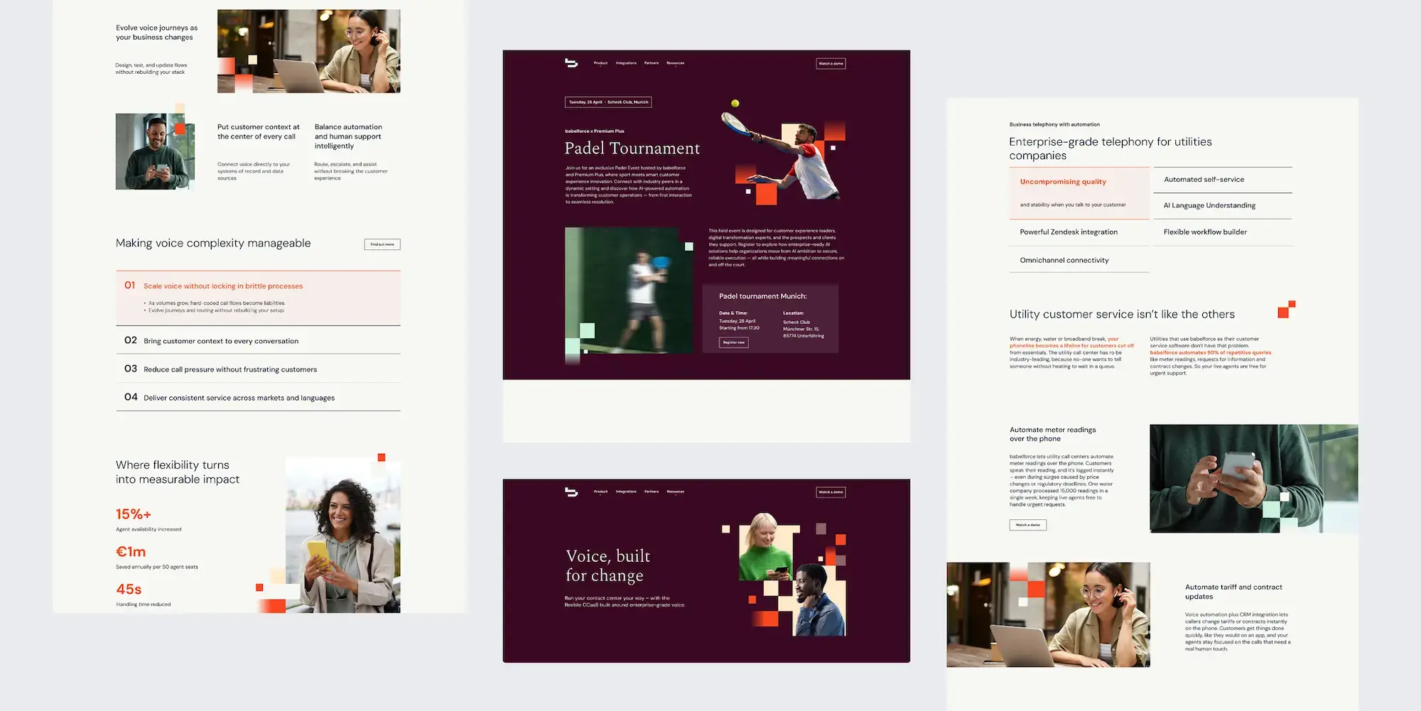 Three babelforce website screens showing the voice platform homepage, a CCW padel tournament event page, and a utilities industry solution page