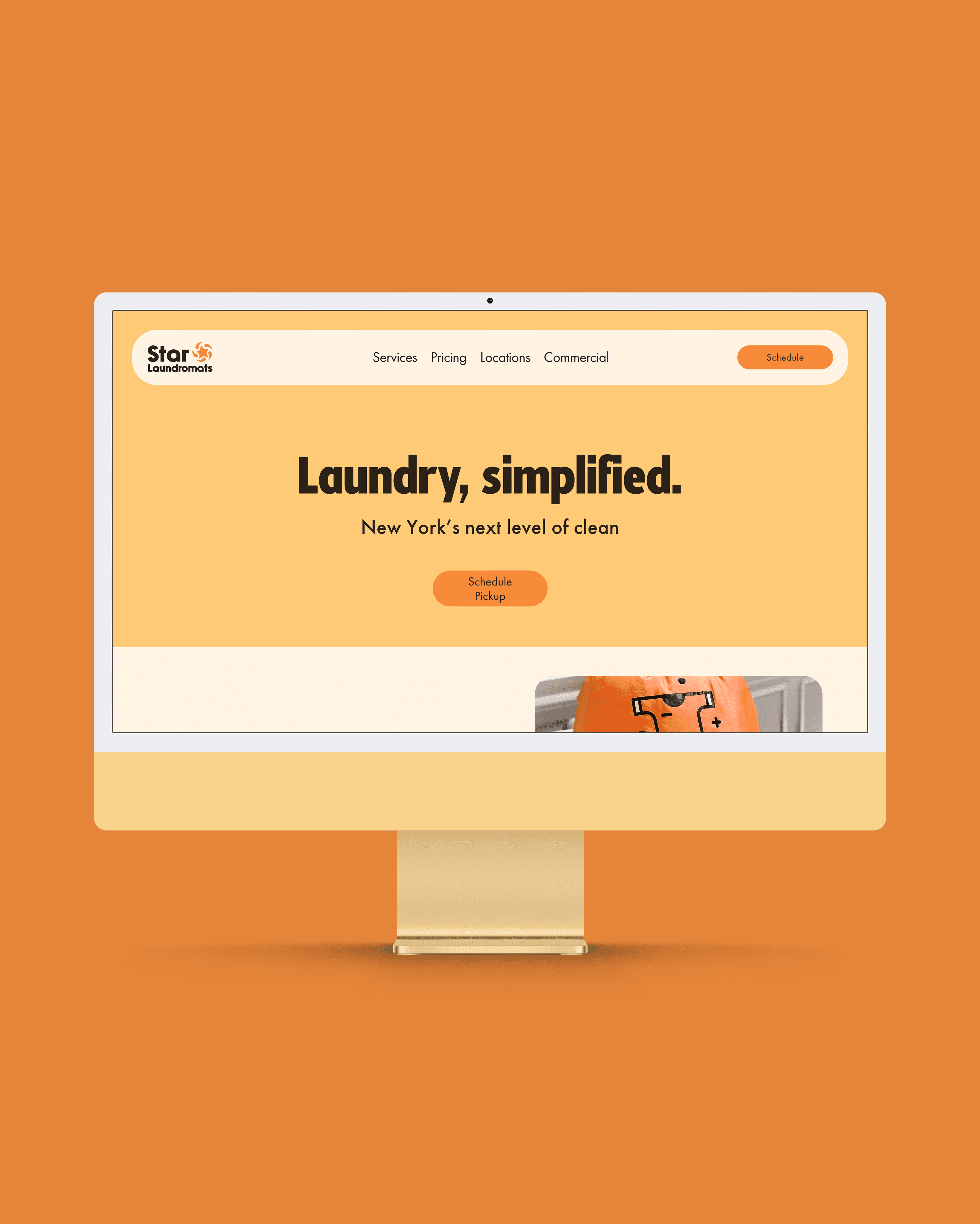 Homepage design for Star Laundromats New York, featuring a clean, minimal layout and tagline “Laundry, simplified.” Designed to position the brand as a premium, tech-forward laundromat offering wash and fold, pickup, and delivery services.