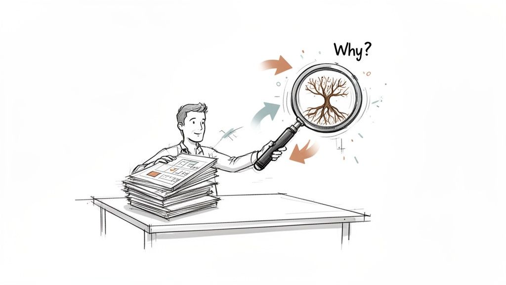 Illustration of a man performing diagnostic analytics, examining data to understand the 'why' behind issues.