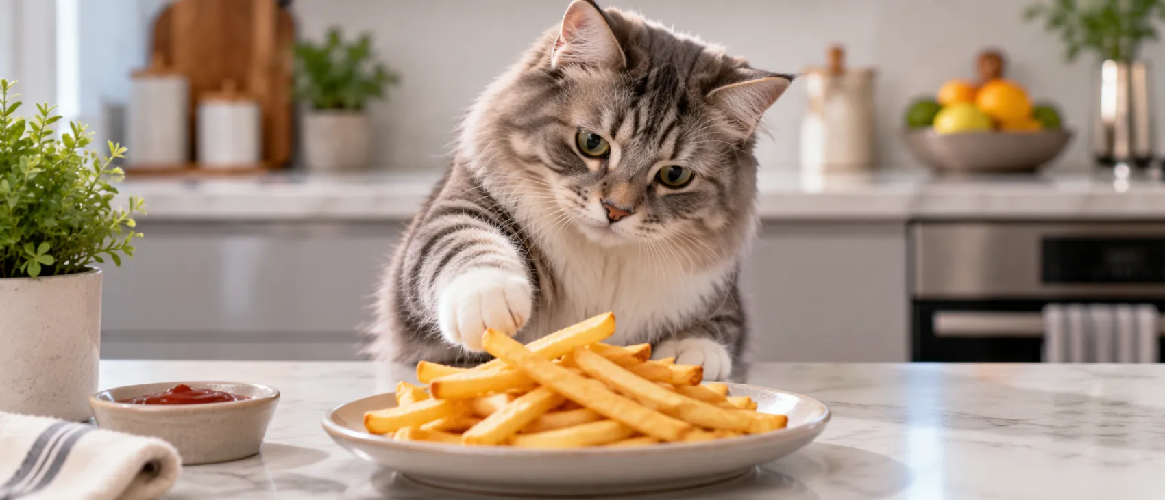 A tabby cat reaching toward a plate of french fries on a counter.