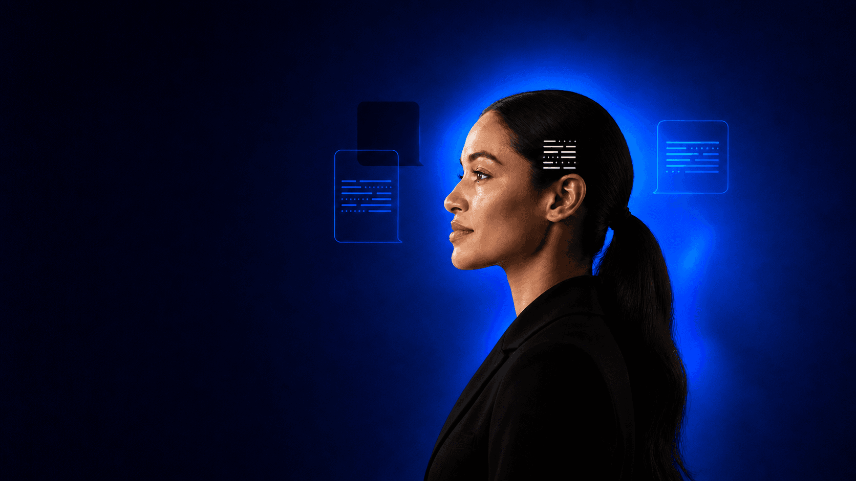 Professionnelle de profil devant une interface numérique bleue