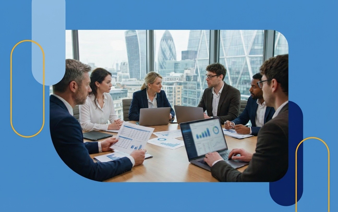A team of business professionals in a boardroom meeting, representing Amazon experts discussing DSP strategies for 1P vendors.