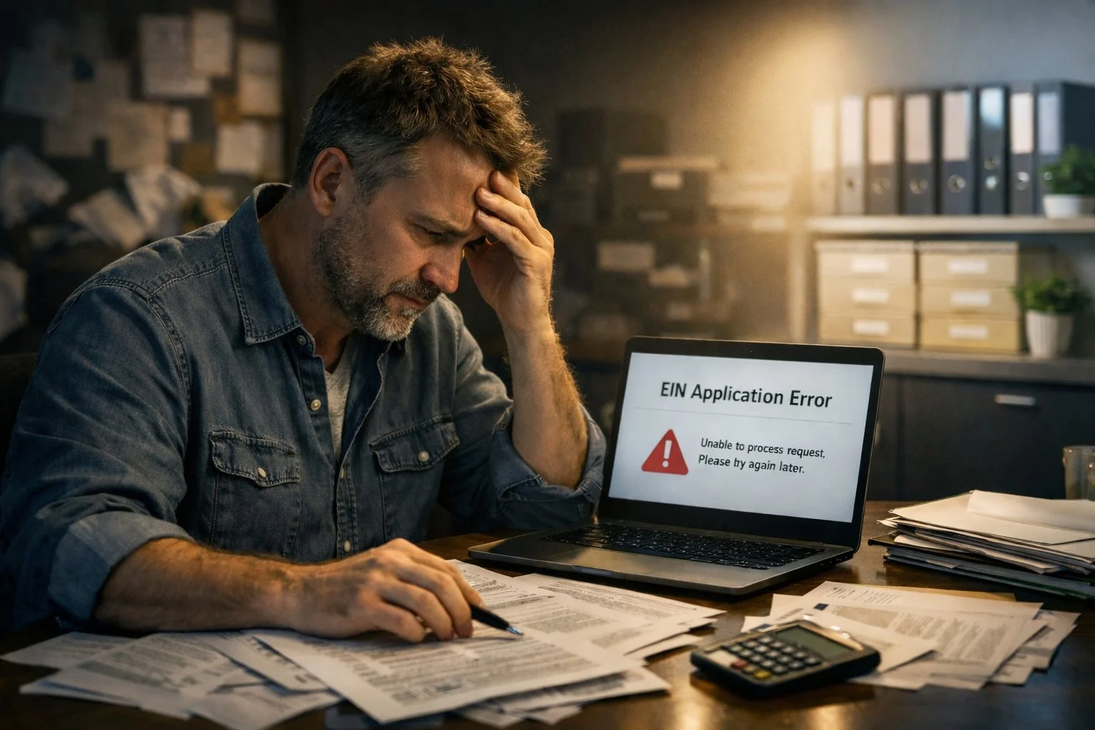 Stressed owner sees EIN application was rejected error on laptop, messy tax forms contrast with organized documents