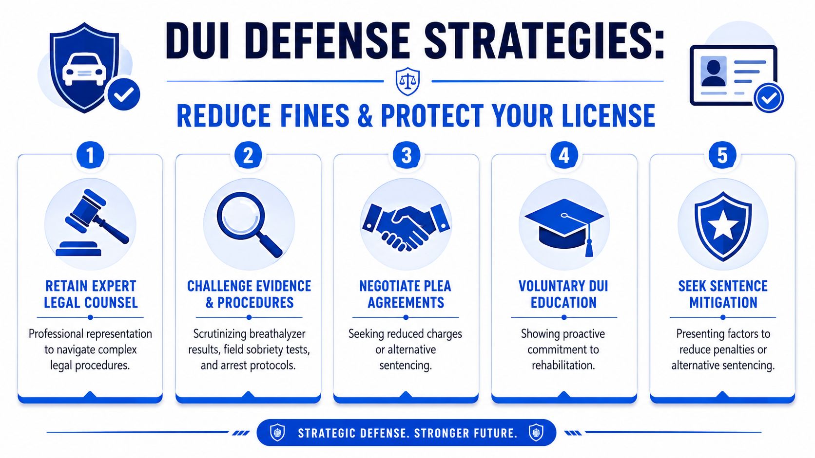 A professional infographic outlining five key DUI defense strategies to reduce legal fines and protect licenses.