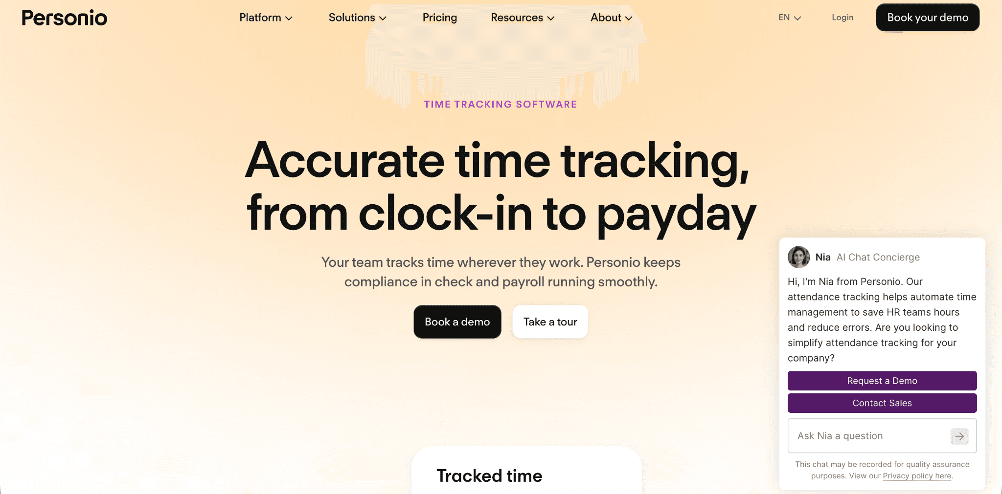 Personio time tracking software interface showcasing accurate employee time tracking and payroll management.