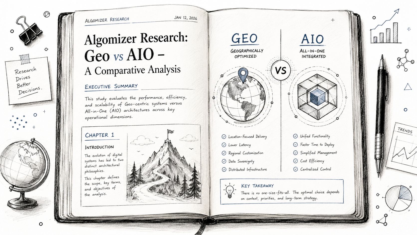 A hand-drawn open book showing a research comparison between Geographically Optimized and All-In-One integrated system architectures.