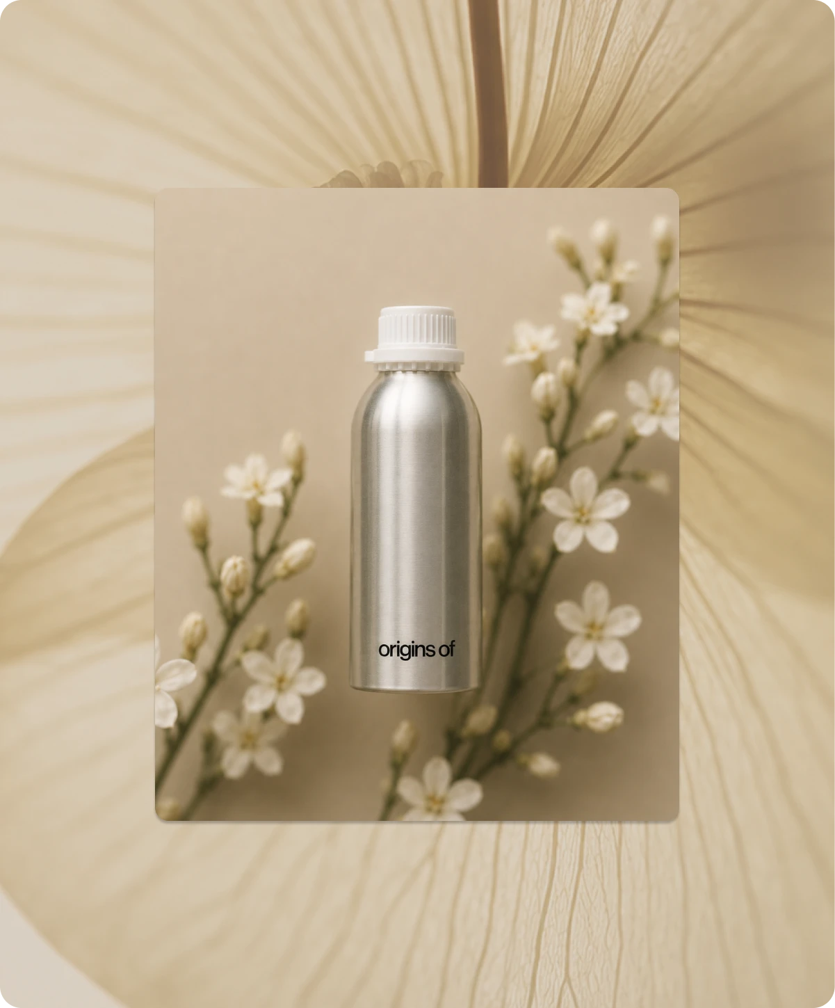 Origins Of "Berlin Girl" scent card: an aluminium refill bottle standing among sprigs of small white blossoms on a soft beige backdrop.
