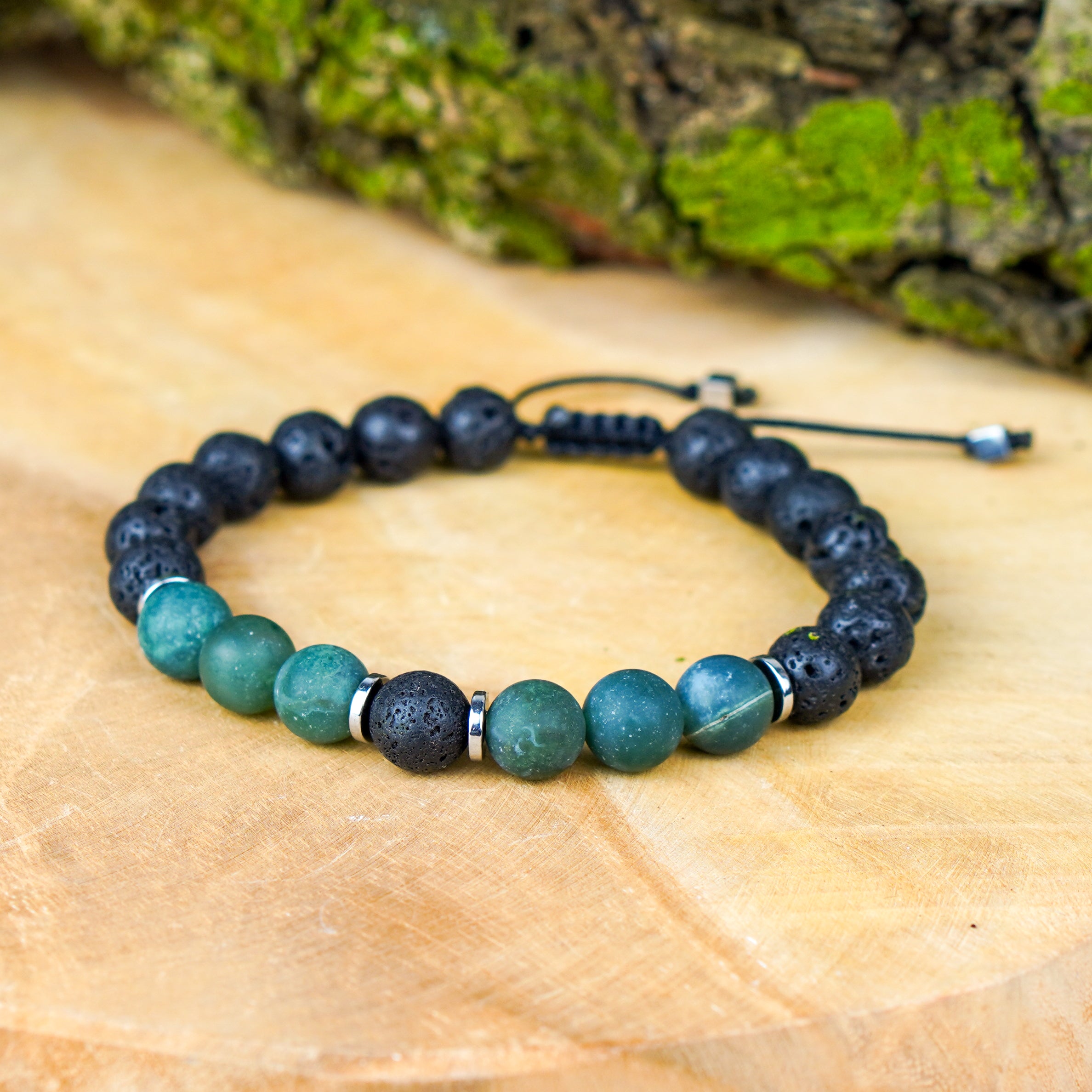 Bransoletka dla mężczyzny z serii CORE z agatem mszystym skałą lawową hematytem srebrnym