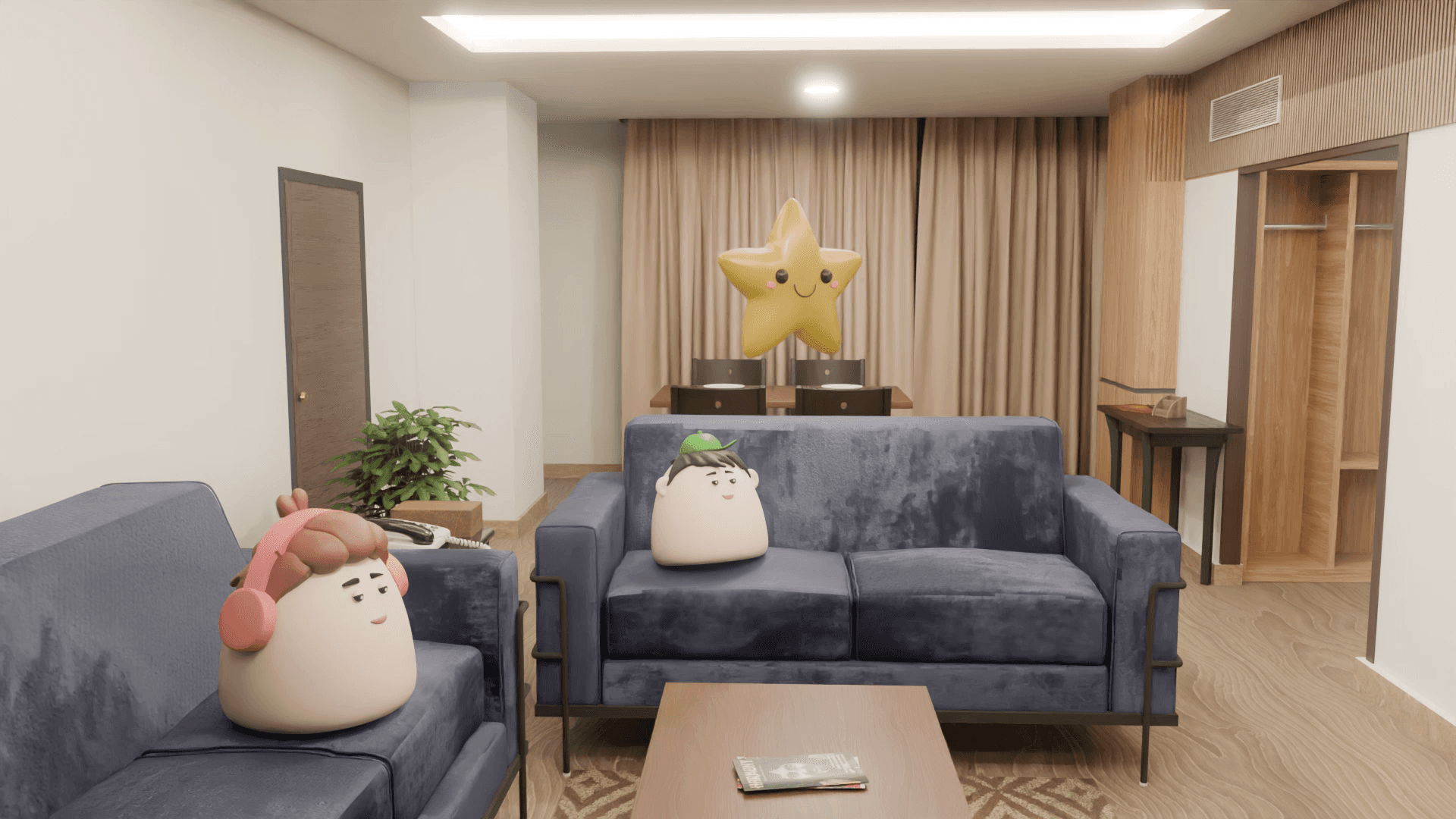 3D animated scene from  commercial featuring 3D characters in a hotel room